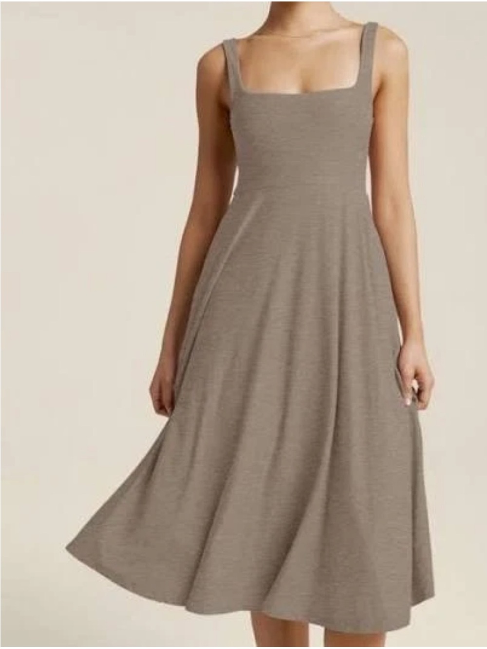 Beyond Yoga Taupe At The Ready Featherweight Jersey Square Neck Midi Dress Small